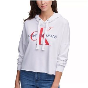 Calvin Klein Jeans Logo Hooded Cropped Sweatshirt Size Medium